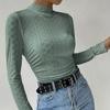 Solid Eyelet Mock Neck T-shirt, Elegant Long Sleeve T-shirt For Spring & Fall, Women's Clothing
