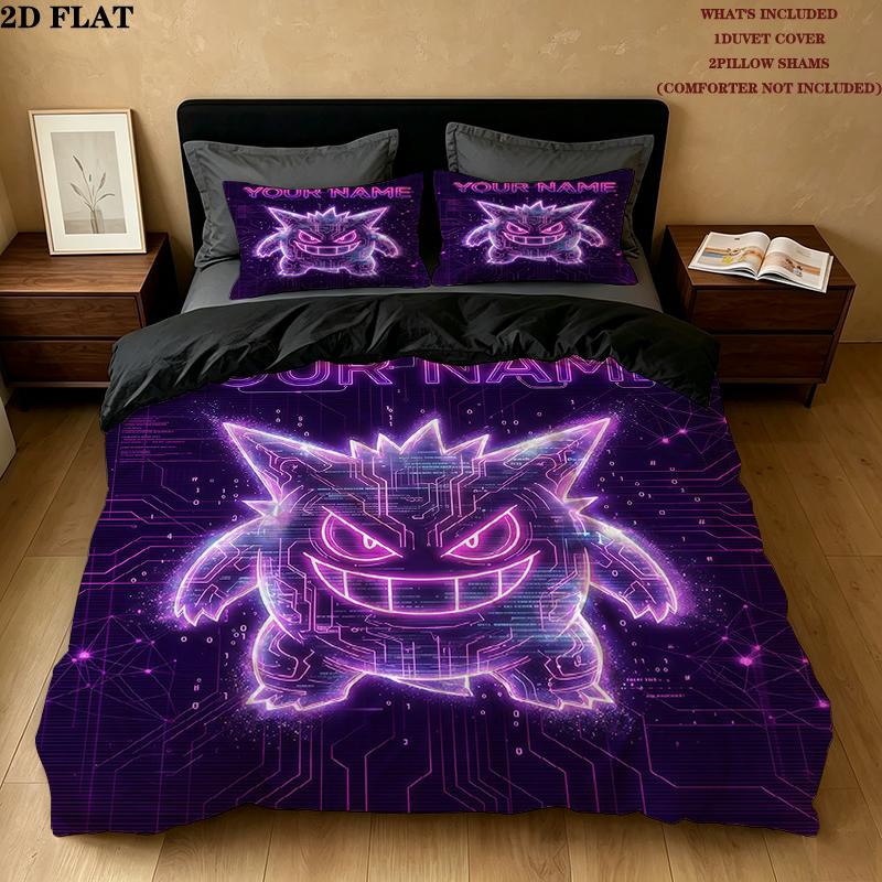Custom Name,Gengar Pattern Bedding Home Decoration Birthday Gift ( 1 duvet cover + 2 pillowcase, without core),fan merchandise.