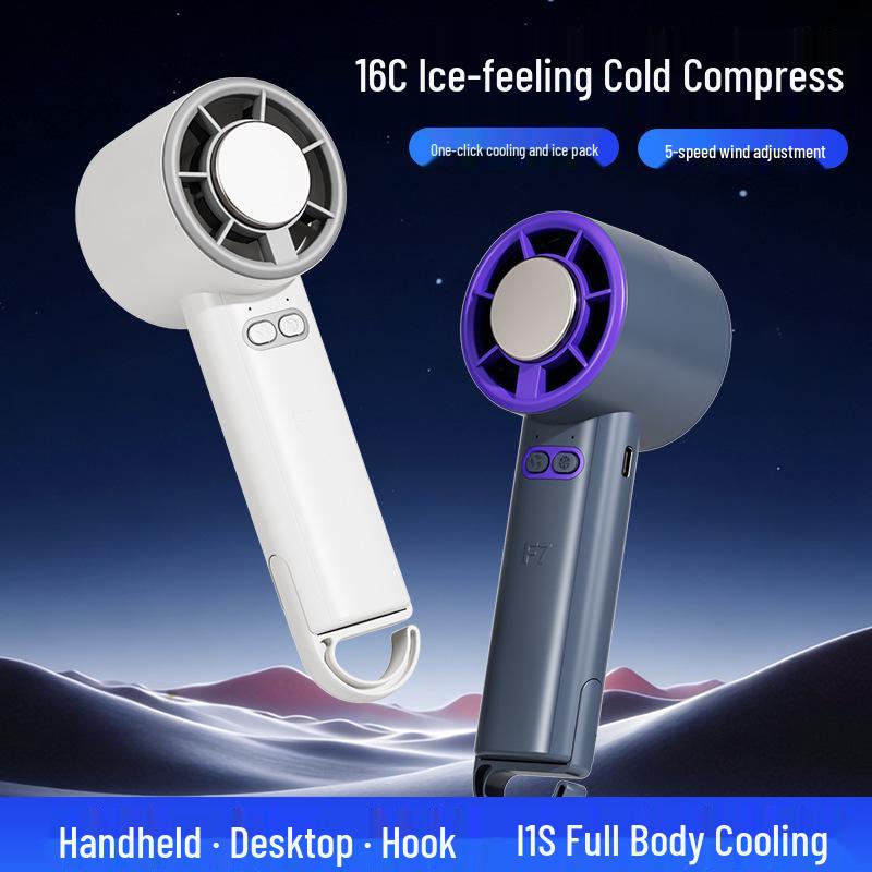 3-in-1 Handheld Cooling Fan: Cold Compress, 5-Speed, Desktop/Hook Use