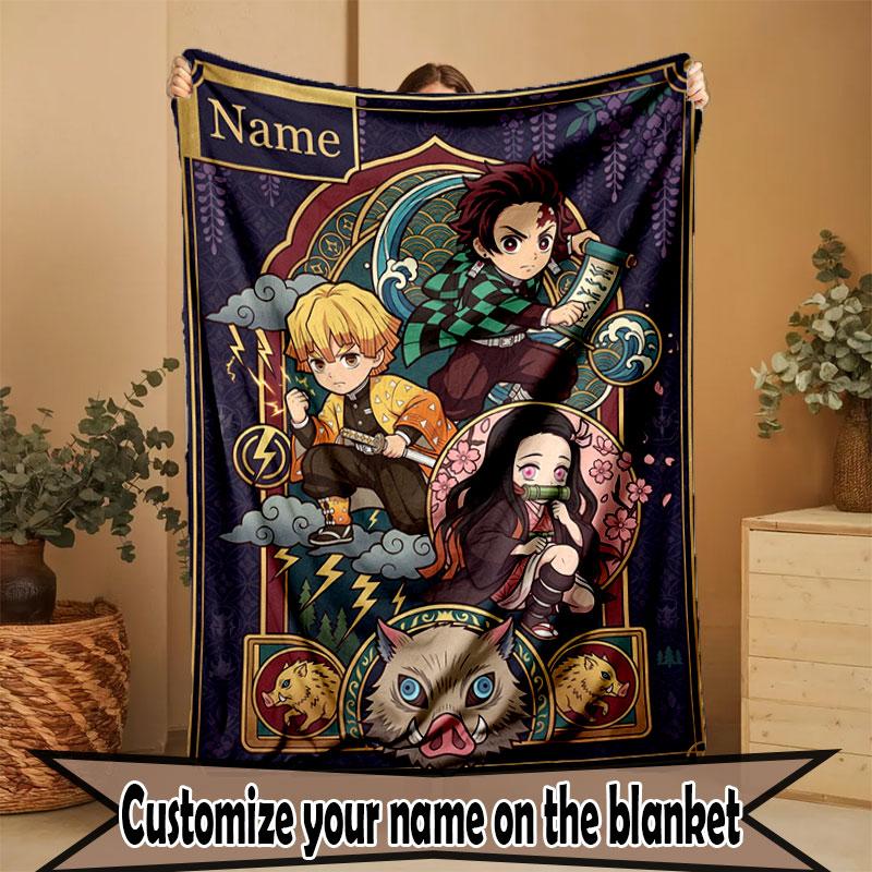 Custom Name Personalized Demon Slayer Print Blanket, Home Decor, Bedroom, Sofa, Camping, Couch, Gifts for Birthday Christmas