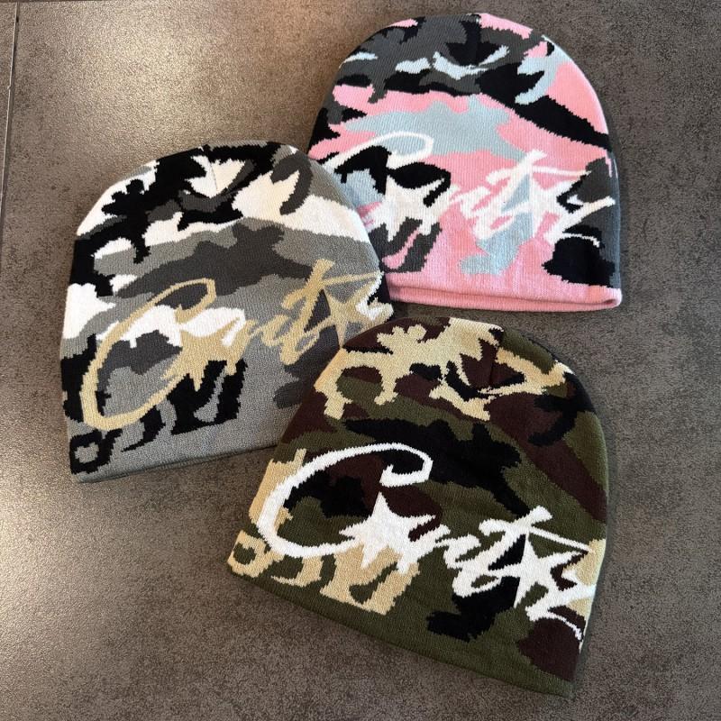 American Vintage Letter Camo Knit Beanie Winter Warm Streetwear Men Women