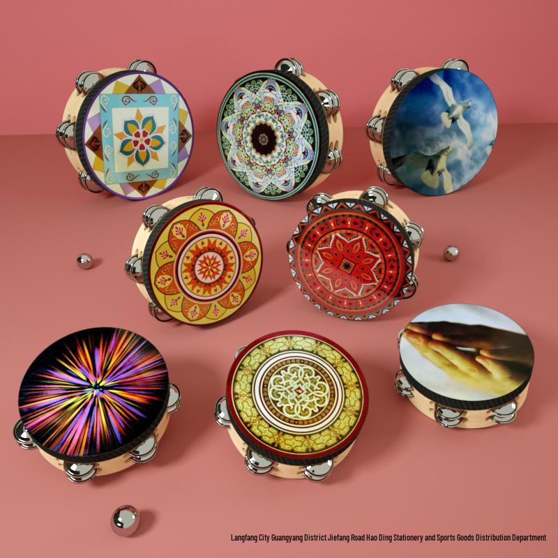 8-Inch Xinjiang Uyghur Hand Drum for Dance and Performance, Single-Row Tambourine with Jingle Bells.