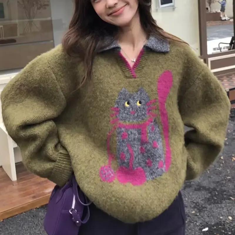 Свитер для женщин зимний хлопковый утолщенный пуловер теплый вязаный эластичный с длинным рукавом оверсайз джемпер свитер топы