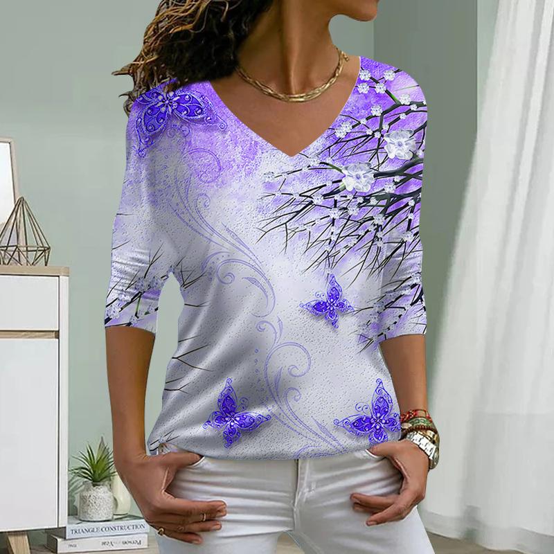 Flowers and Birds Print Women Tshirts Ladies Tops Long Sleeve V-neck Pullover Femme T-shirts T Shirt For Women