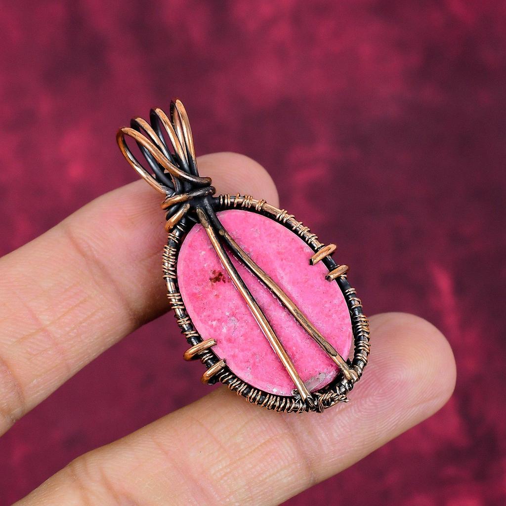 Thulite Gemstone Pendant Copper Wire Wrapped Jewelry Handmade Designer Pendant