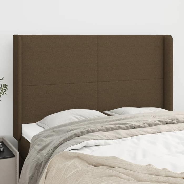 Tête de lit - Avec oreilles - Marron foncé - 147x16x118/128 cm - Tissu polyester, pieds bois, hauteur réglable
