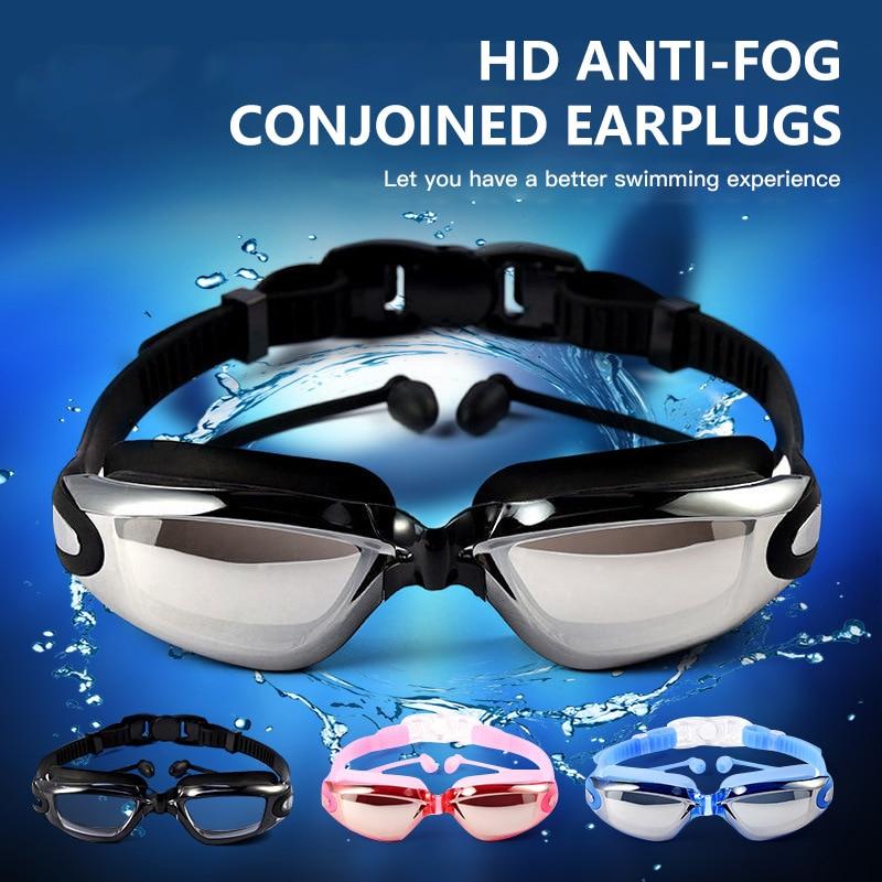 Adult Electroplated Swimming Glasses HD Waterproof Anti-fog Swimming Goggles Teenager Water Sport Eyewear With Earplug Men Women