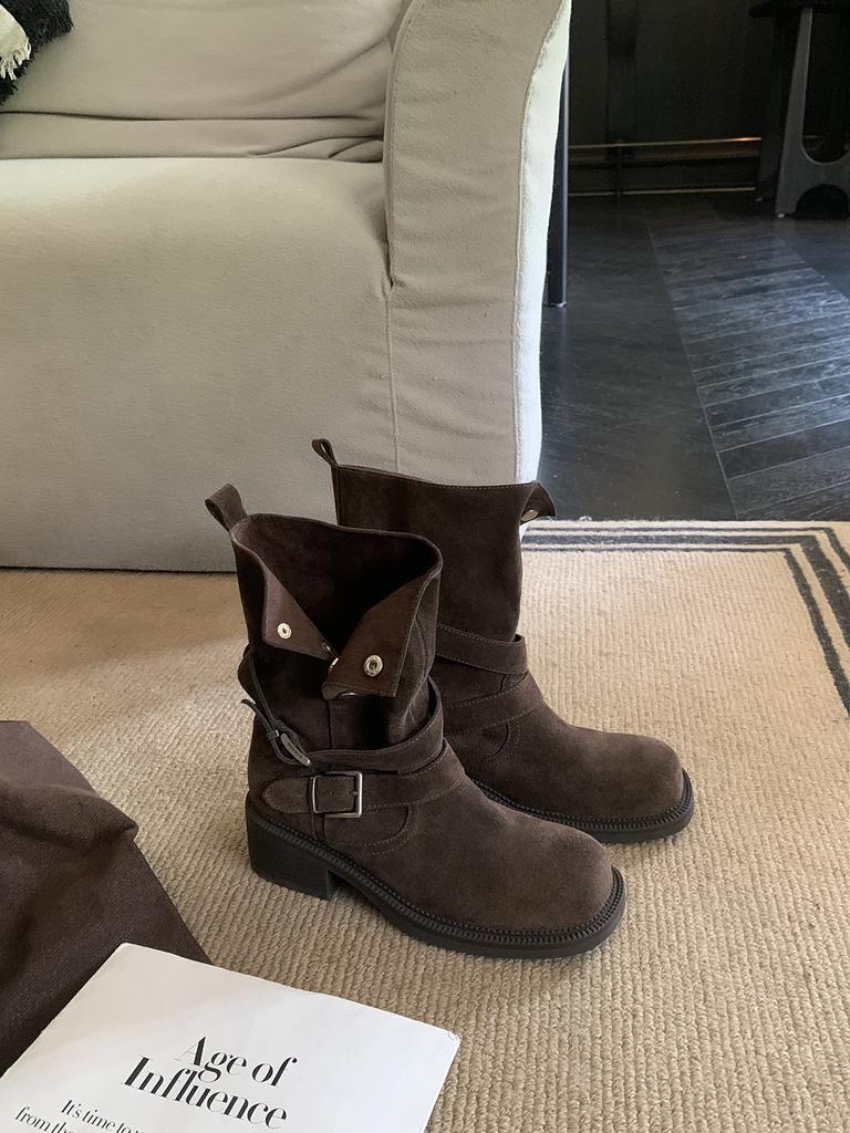 Версия из овчины~ Ретро ботинки на толстой подошве с наборным каблуком Осенние ботильоны Maillard с увеличением роста Универсальные ботинки-мартин на толстом каблуке с ремешком и пряжкой