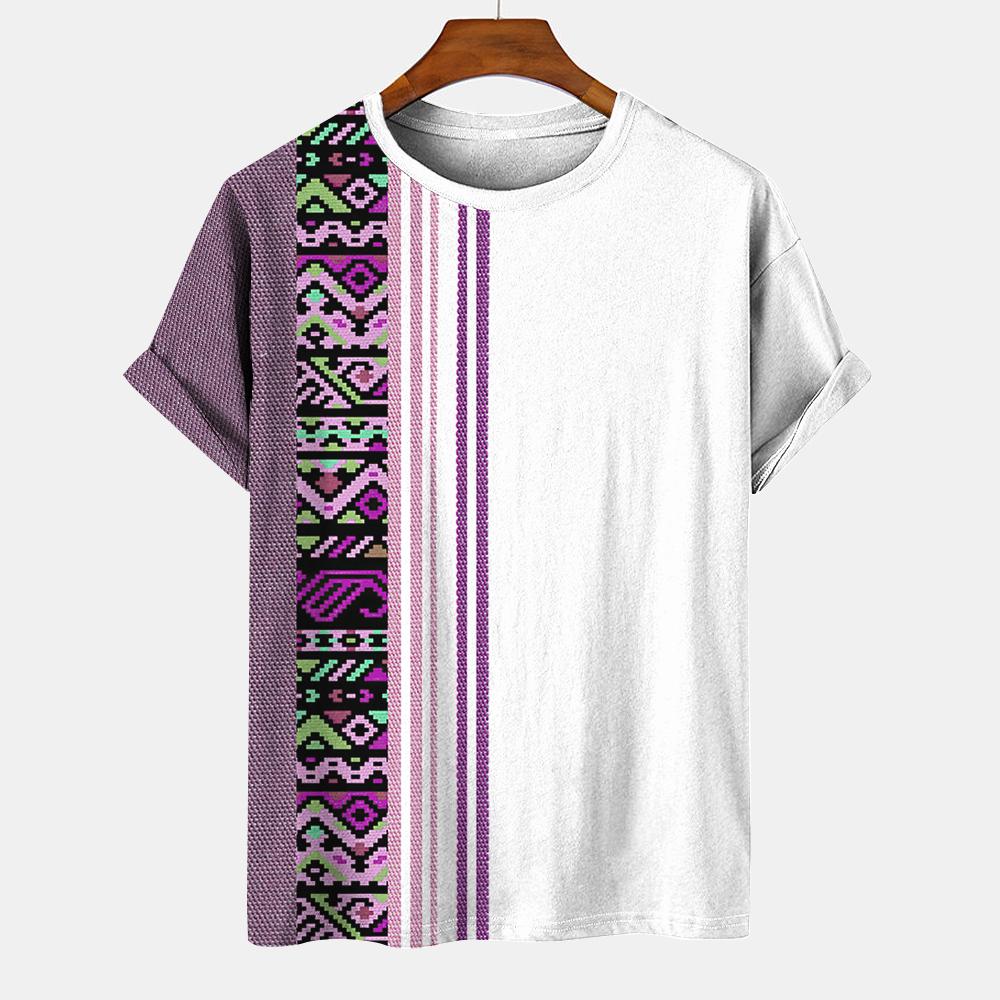 Геометрический полосатый узор, летний напечатанный высококачественный мужской топ, повседневный, простой, повседневный, модная рубашка свободного покроя с круглым вырезом и коротким рукавом