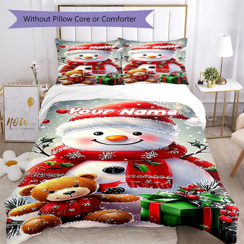 3PC Custom Name Snowman Teddy Gift Bedding Set Duvet Cover Closure Includes 1 Duvet Cover & 2 Pillowcases for Bedroom