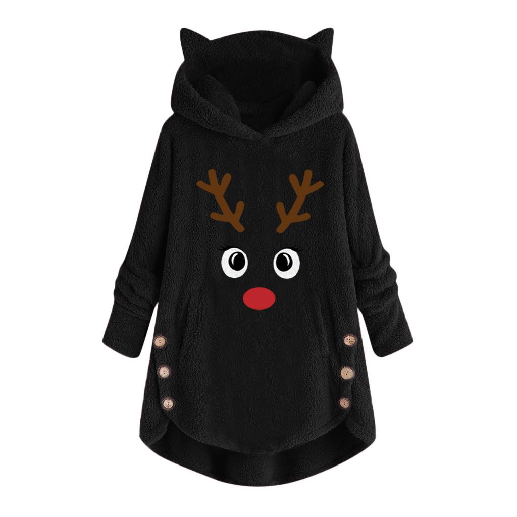 Women Button Coat Christmas Embroidery Pullover Loose Sweater Blouse Plus Size