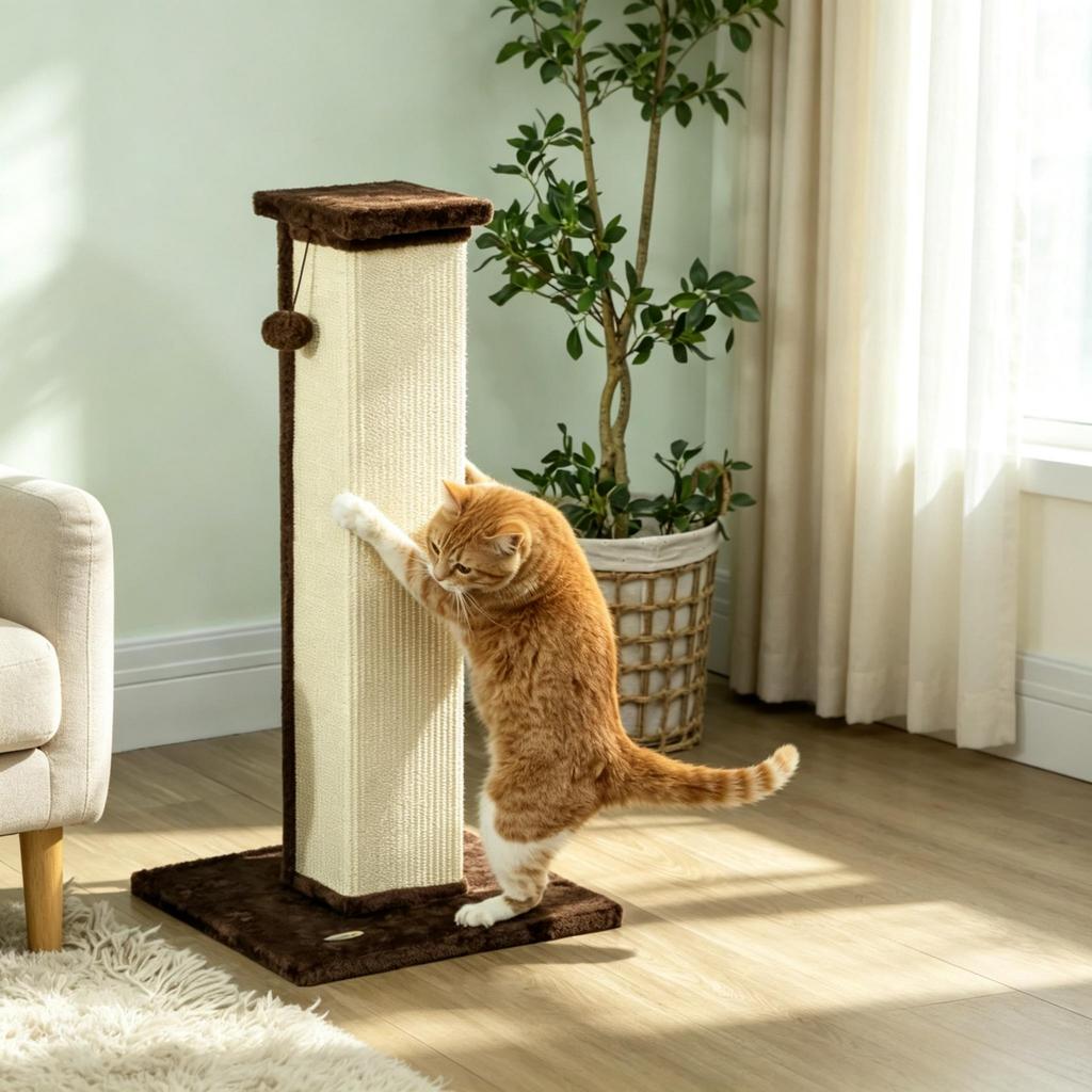 Cat scratching post, sisal and plush scratching post with hanging play ball, sturdy base, dimensions 41 x 41 x 81 cm, brown and cream