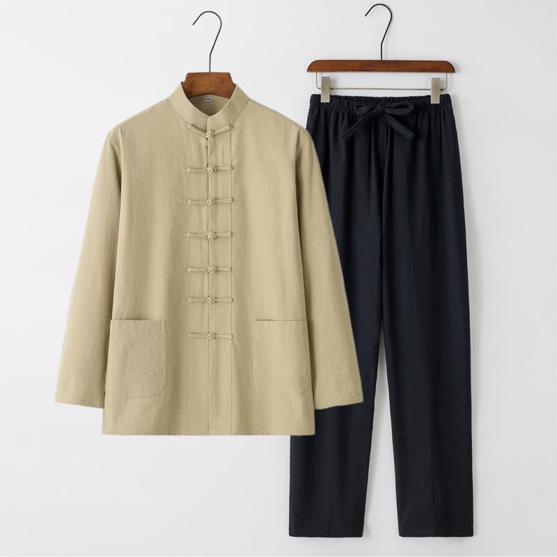 Men's Chinese Style Long-Sleeve Tang Suit Set with Frog Buttons - Retro Tea & Tai Chi Two-Piece