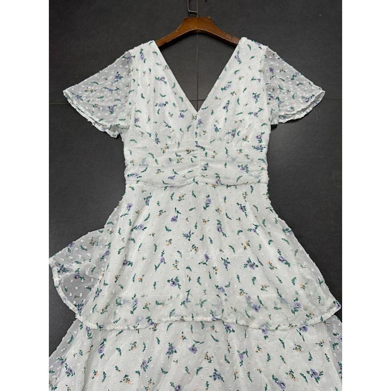 Foreign Trade Pure Original White Fresh Small Floral Front and Back V-neck Multi-Layer Chiffon Texture Cake Dress Long Dress Women