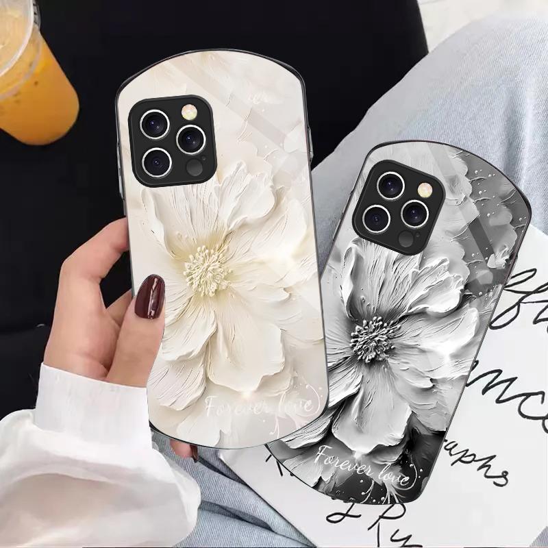 Растения в масляной живописи Для iPhone 16 15 14 Pro 13 Plus 12 mini 11 13Pro Max XR X S 7 8 6 Эллиптический закаленный стеклянный чехол для телефона