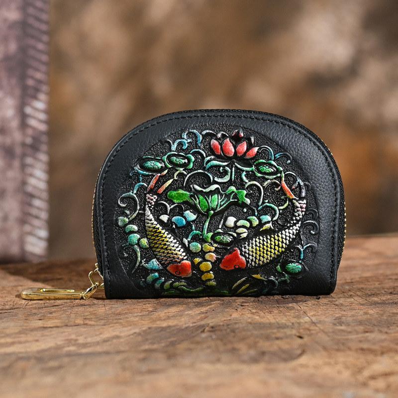 Vintage Design Embossing Card Holder Genuine Leather Zipper Coin Purse for Women Ladies Money Bags GZW