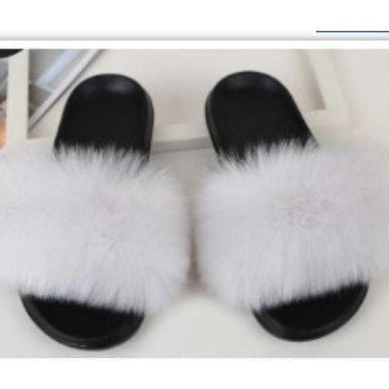 Furry Slippers for Women The Same Style In Summer Real Fox Fur Slippers Plus Size Female Sandals