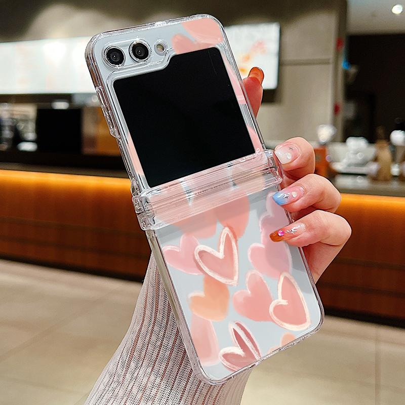 Transparent Love Flower Phone Case For Samsung Galaxy Z Flip 6 5 4 3 Flip 5 Flip 6 Shockproof Bumper Slim Hard Back Cover Fundas