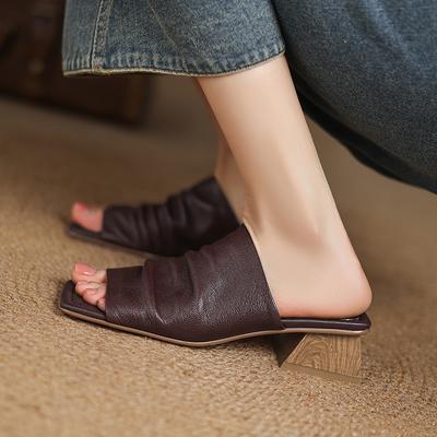 Мода 2025 Новые Женские Сандалии из Натуральной Кожи на Толстом Высоком Каблуке Элегантные Уличные Шлепанцы Вечеринка Свадьба Летняя Обувь Женские Туфли для Выпускного