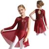 Kids Girls LJazz Dancewear Yrical Skating Dance Dress One Shoulder Asymmetrical Sleeve Shiny Sequins Ballet Ballroom Dance Skirted Leotard