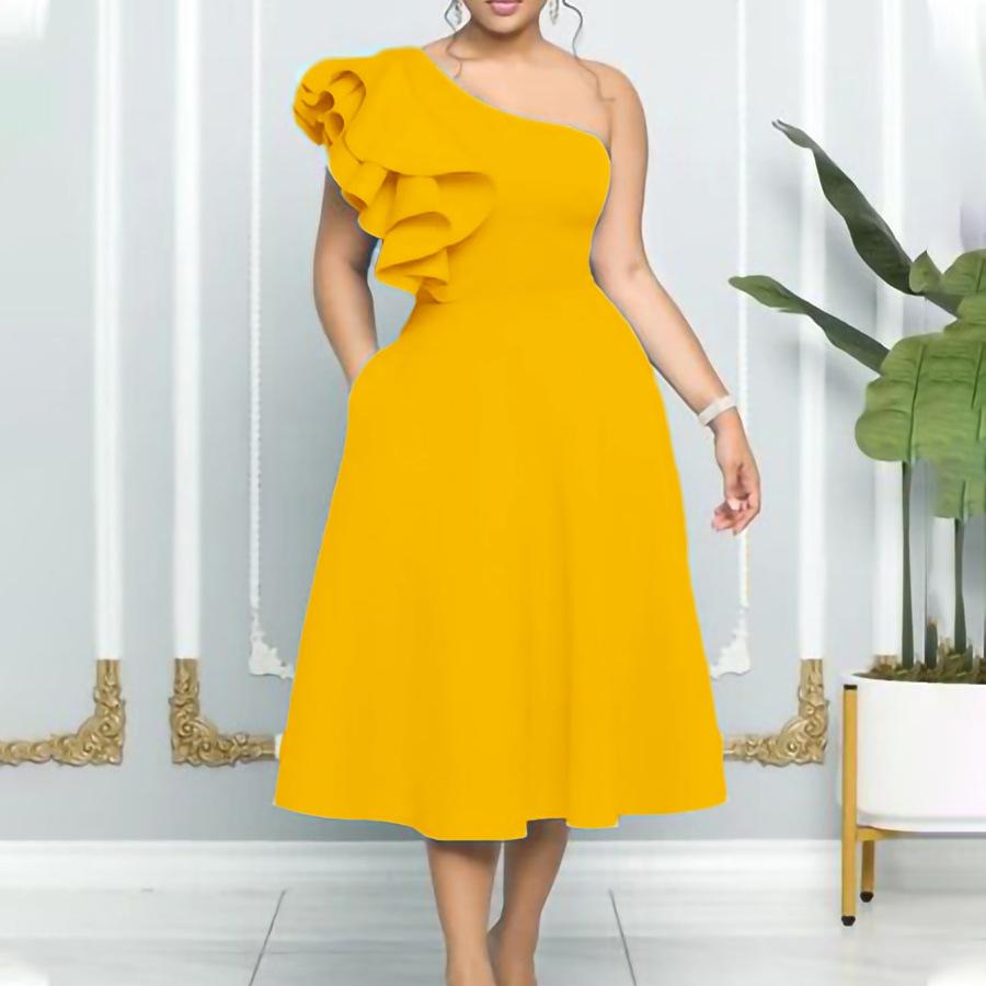 Женское летнее модное платье большого размера с рюшами и одним рукавом, женское элегантное цельное однотонное платье