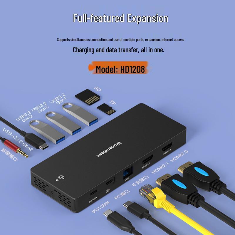 8K 30 Гц Док-станция Type-C с поддержкой Multi-Screen Display, HDMI 2.1/DP 1.4, Расширительный док для ноутбука и USB-разветвитель