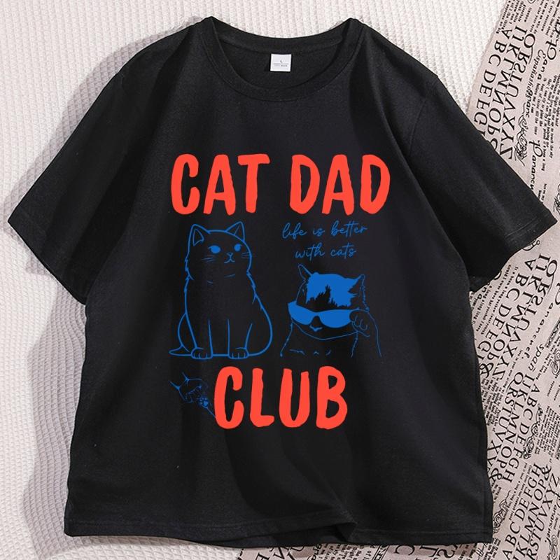 Cat Dad T Shirt Men Casual Cotton Short Sleeve Cat Dad Club Tshirt Funny Cat Lover Tshirt Casual Short Sleeve Round Neck Tee