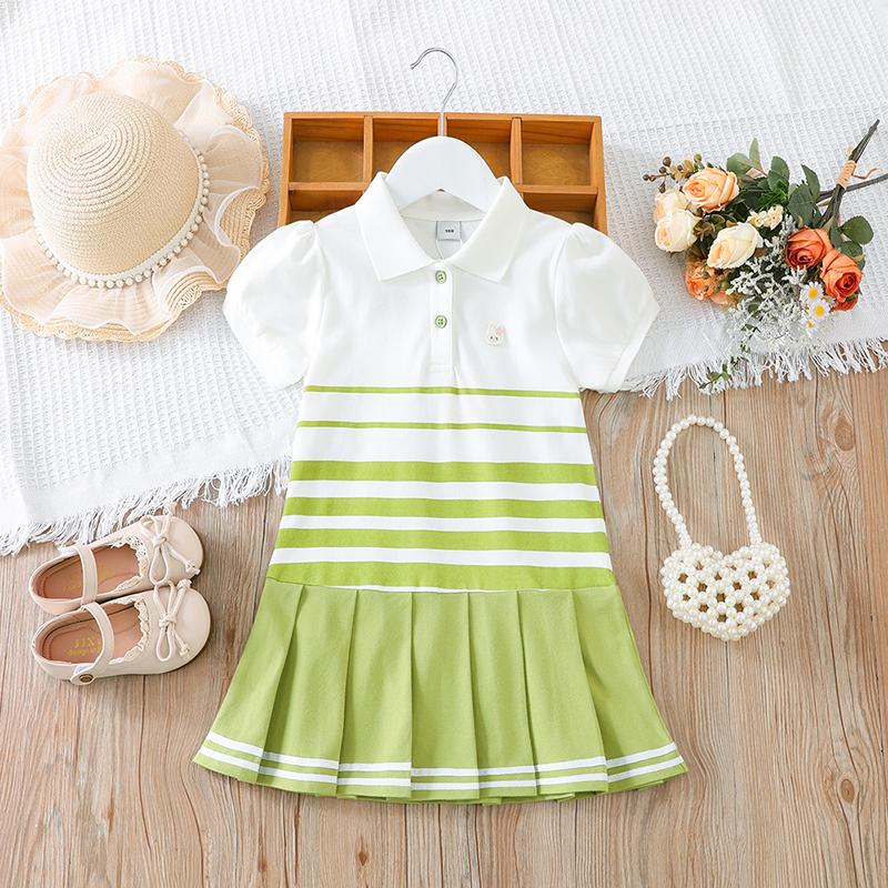 Модное платье-поло для девочек с полосками, детская элегантная одежда с рукавами-фонариками, летние платья для девочек