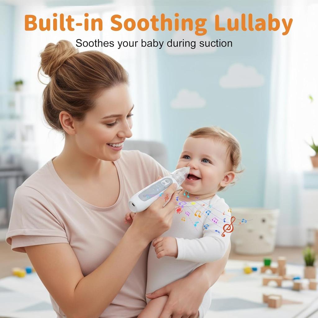 Electric Nasal Aspirator for Babies 3 Suction Levels, 3 Silicone Nozzles, Rechargeable & Portable Nose Cleaner with Soothing Lullaby