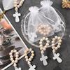 Rosary Loose Wooden Catholic Prayer Rosary With Cross Wooden Cross Pendant White Mesh Bag Used For Baptism First Communion Confirmation