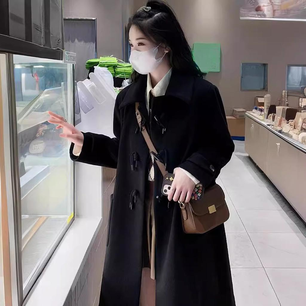 Fashion Design Cow Horn Buckle Tweed Jacket Female Autumn and Winter Tweed Coat Small Son In The Long Section