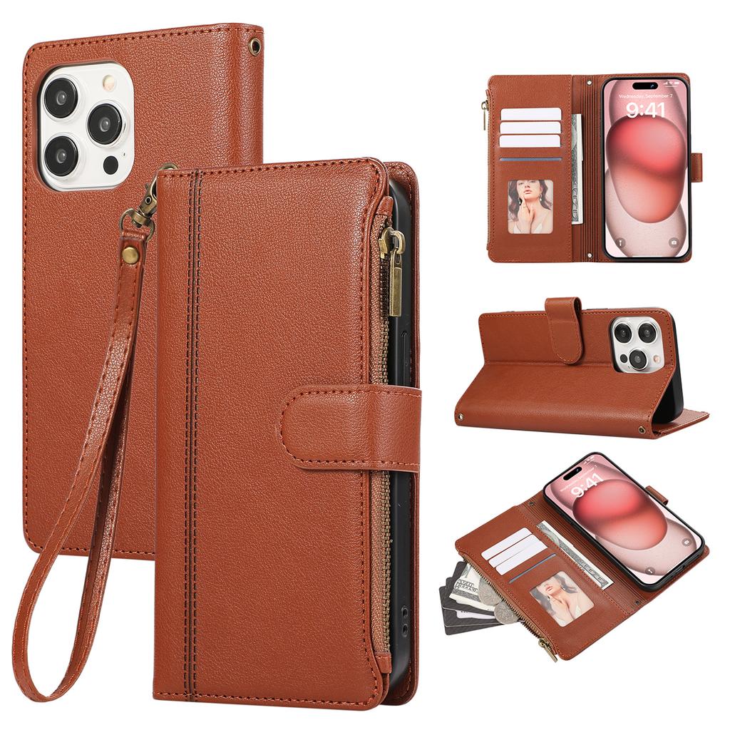 For iPhone 15 Pro Case Multi Card Slots Zipper Leather Phone Cover with Wrist Strap