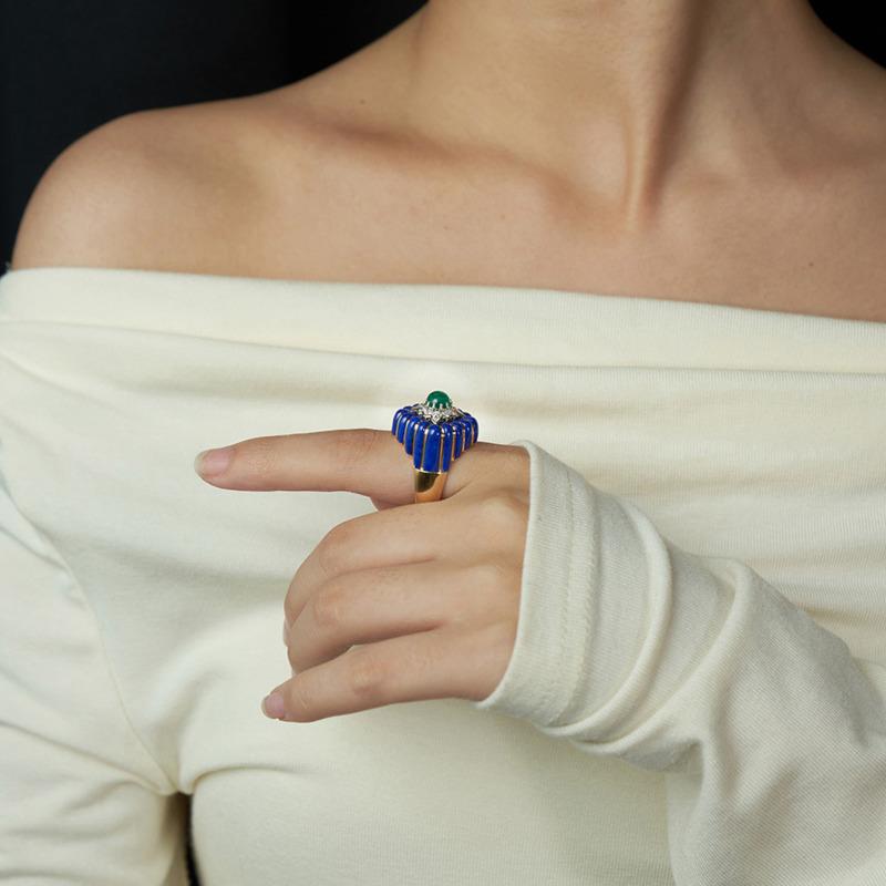 BELLA BOX Italian Vintage Crown Imitation Natural Emerald Ring Suitable For Women's Daily Party Wear Fashion Jewelry