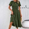 Женское платье с короткими рукавами и круглым вырезом трапециевидной формы со свободным подолом, плиссированным, лоскутным, однотонным