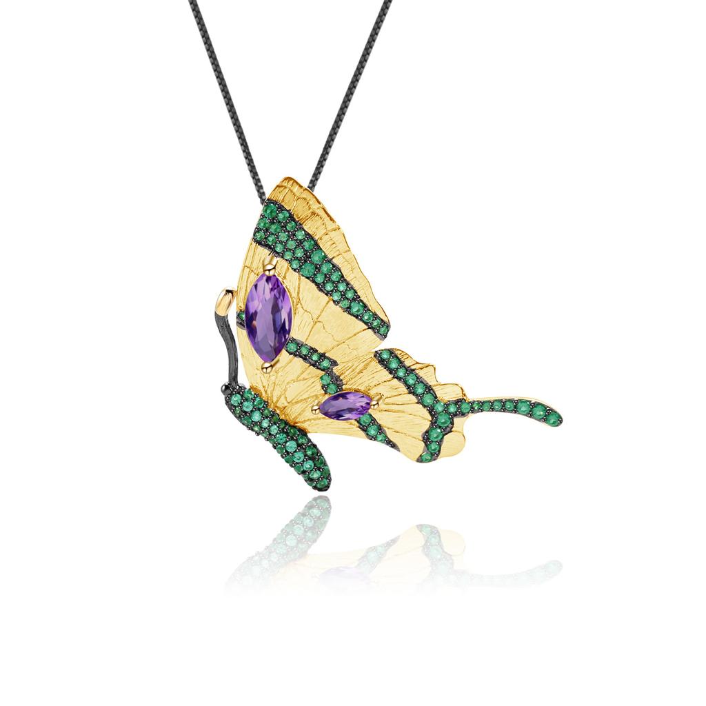 Оригинальная дизайнерская брошь-подвеска двойного назначения, дизайн бабочки в стиле ретро, ​​серебро s925, ожерелье с натуральным аметистом, кулон