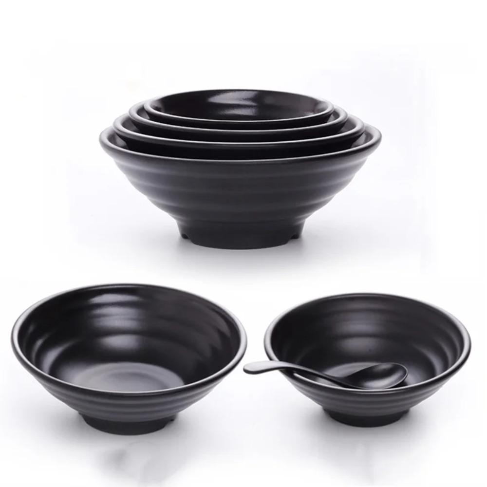 Soup Bowls Melamine Ramen Bowl Ring Stripes Pure Black Fruit Salad Bowl Japanese Style Large Capacity Noodle Bowl Rice