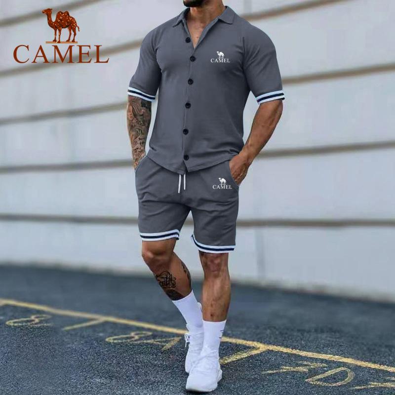 Camel Летний мужской модный однотонный кардиган-поло с вышивкой, повседневный комплект с шортами с короткими рукавами, комплект больших размеров