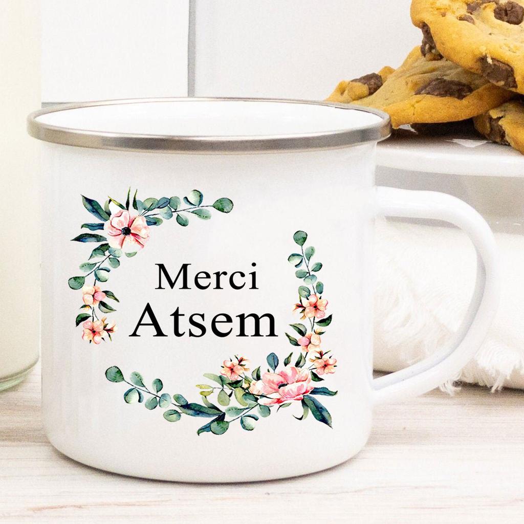 Французский Спасибо Atsem Принт Эмалированные Кружки Креативная Кофейная Кружка Напиток Сок Молоко Чашки Школа Дом Ручка Посуда Подарки Учителю