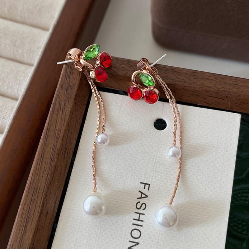 Little Red Cherry Earrings, Fresh and Sweet Temperament, Long Fringed Pearl Earrings, Women's Chinese New Year Festive Earrings.