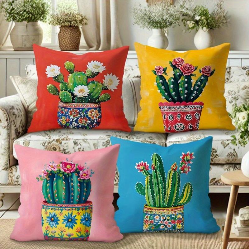 4Pcs Modern Style Throw Pillowcase, Cactus Floral Red Green Yellow Pink Tropical Bohemian Soft Velvet, Single Side Printing