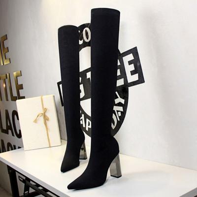 Женские модные сапоги до колена из тонкой шерсти на высоком каблуке с острым металлическим каблуком и толстым каблуком в европейском и американском стиле