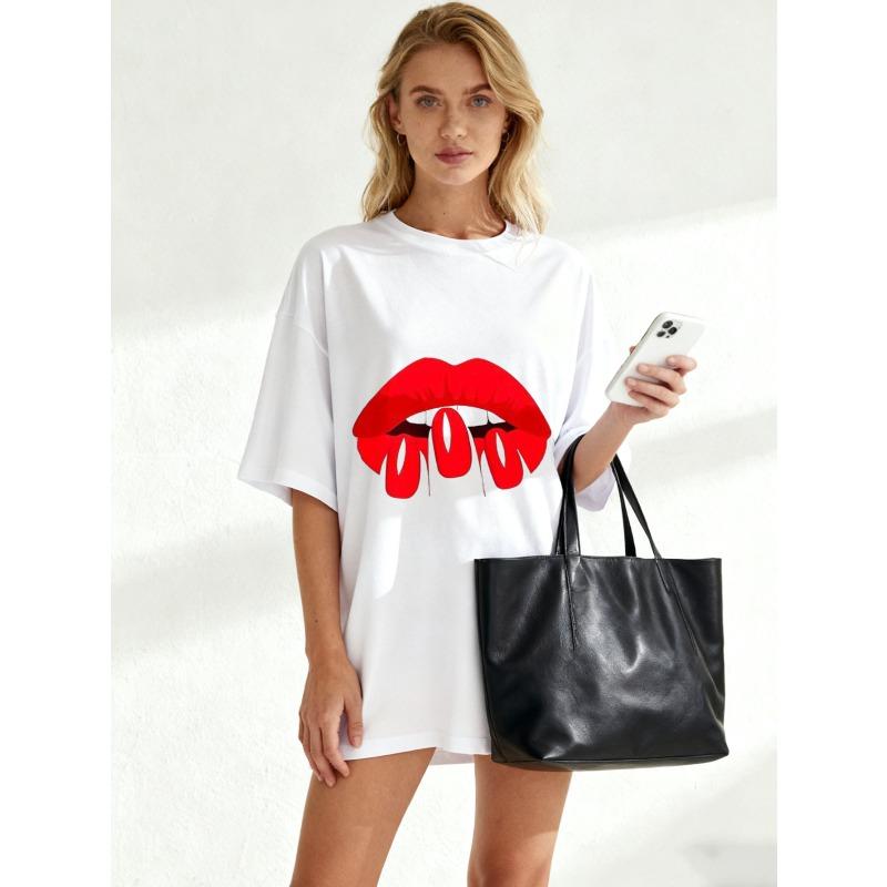 Oversized T Shirt Black Red Lips With Text Gogo Casual Wear For Women Summer Fashion Statement Top Street Style Outfit