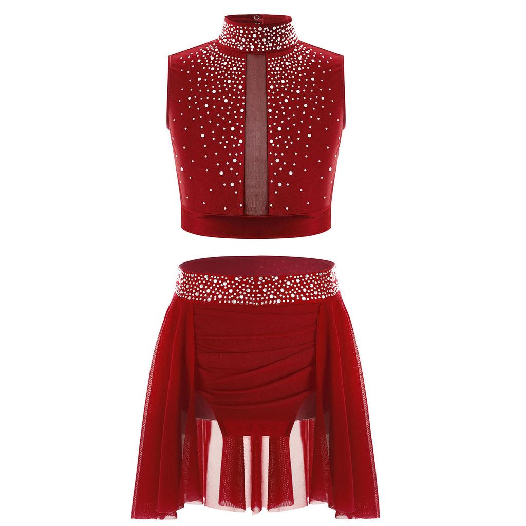 Girls Mock Neck Sleeveless Keyhole Back Rhinestones Crop Top Ruched Irregular Skirt