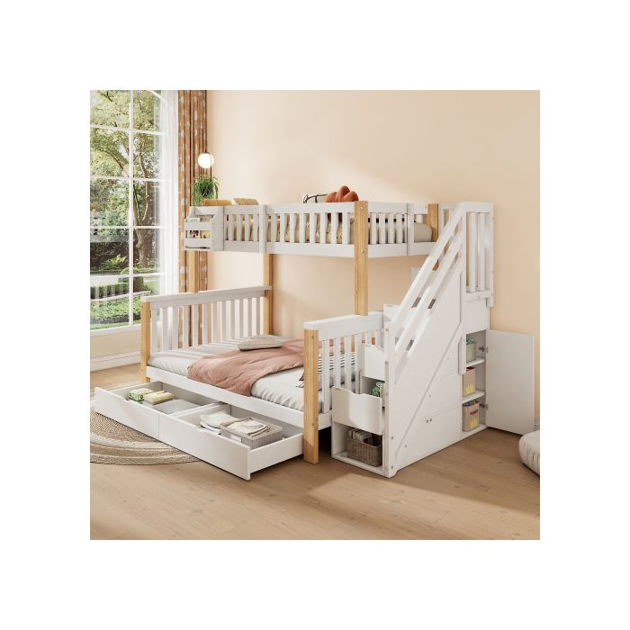 Lit d'enfant multifonctionnel - MUVOE - Blanc + couleur naturelle - 2 places - Avec tiroirs - Design évolutif