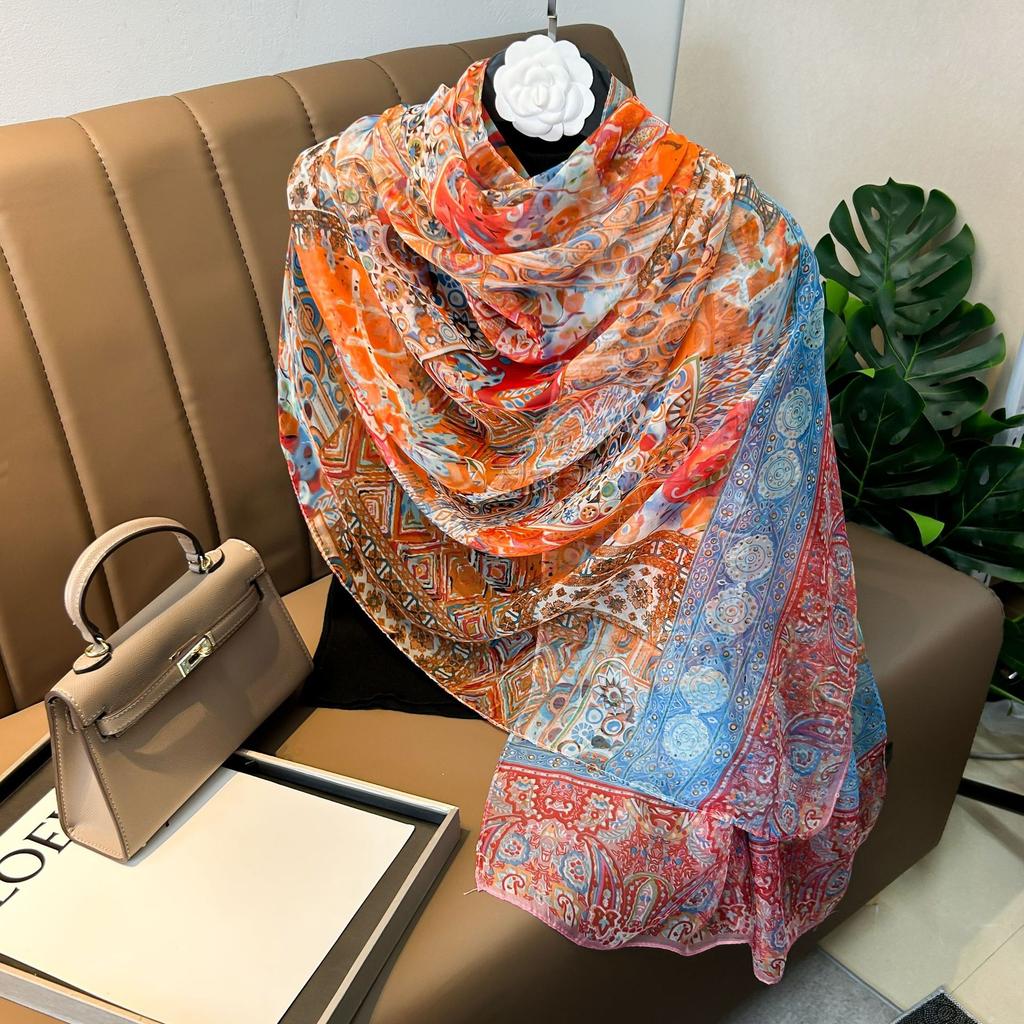 180*135cm Summer Silk Scarf Women Outdoor Shawl Bandanna Foulard Female Beach Fashion Luxury Oversized Shawl Head Hijab Wrap