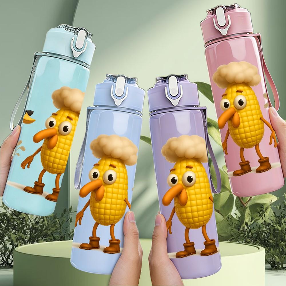 1PC Corn Chicken Hat Cartoon Funny 750ml Color Plastic Sports Water Bottle Leakproof Flip Straw Lid Suitable for Sports Office Home Use