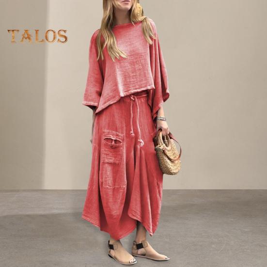 2 Pcs/Set Women Top Skirt Suit Round Neck Three Quarter Sleeve Slant Hem Vintage Top Drawstring Elastic Waist Loose Irregular Maxi Skirt Spring Daily