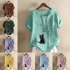 Women's Fashion Black Cat Prined Round Neck Short Sleeve T-shirt Casual Cotton Linen Graphic Shirt Leisure Loose Summer Blouse Tops
