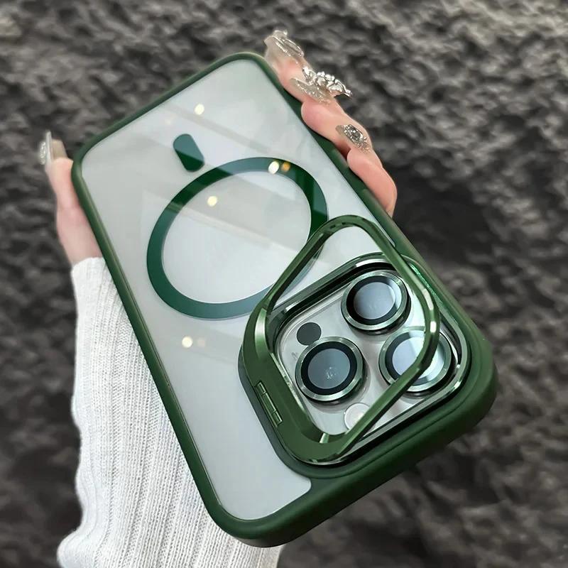 Роскошный магнитный противоударный чехол для iPhone 16 15 14 Plus 13 12 11 Pro Max Для Magsafe Funda Подставка Защита стеклянной линзы Задняя крышка