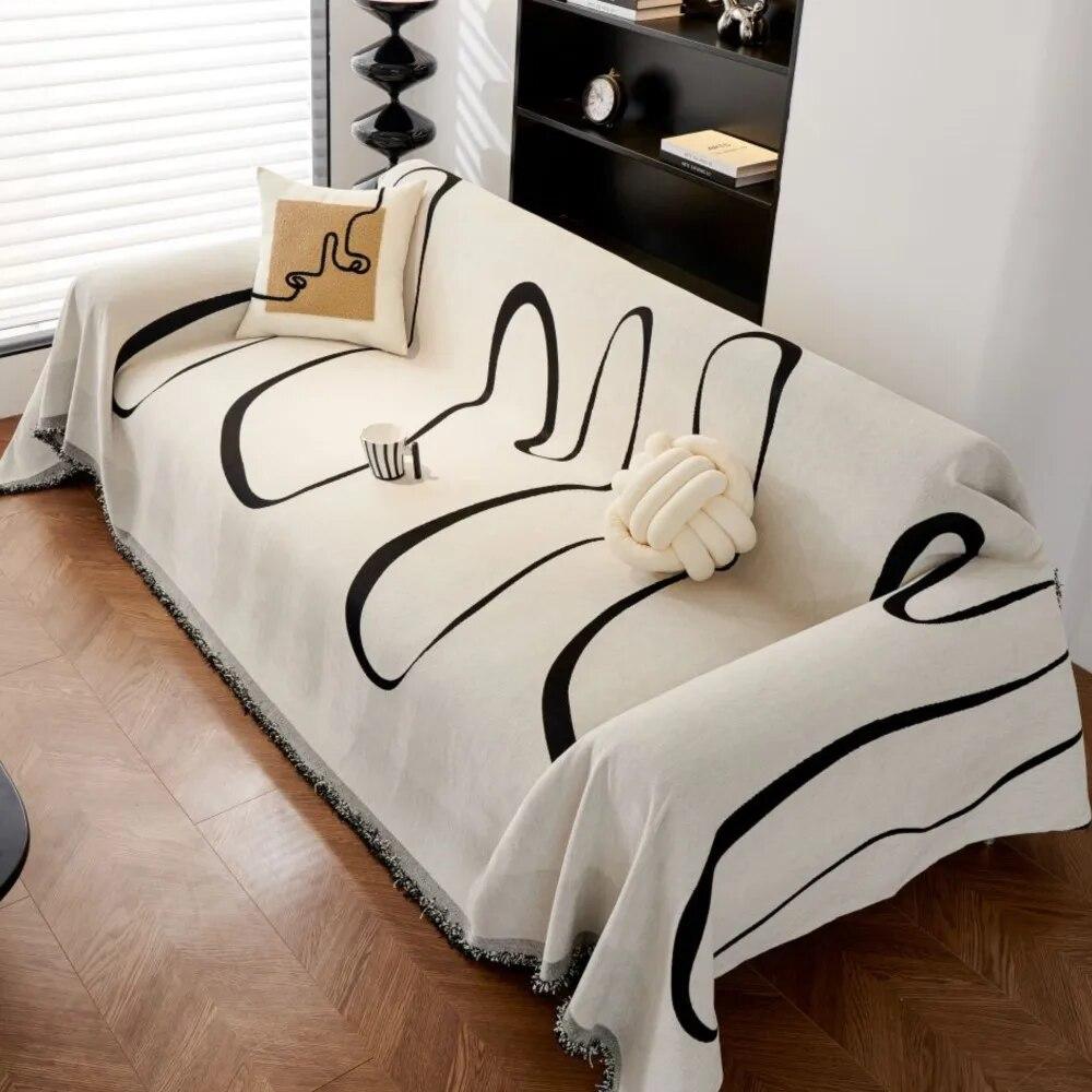 Black White Lines Couch Covers Luxury Sofa Cover Cloth Slipcover Non-Slip Cloth Sofa Cushion Blanket Decorative Dust Cover